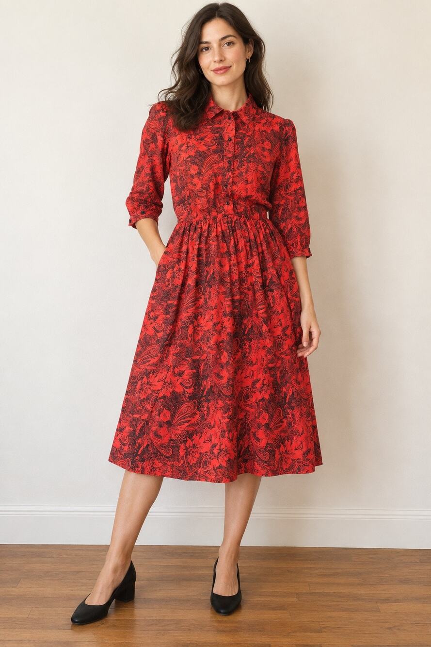 Vintage 80s Sabino Petites Red Black Paisley Midi Shirt Dress Pockets